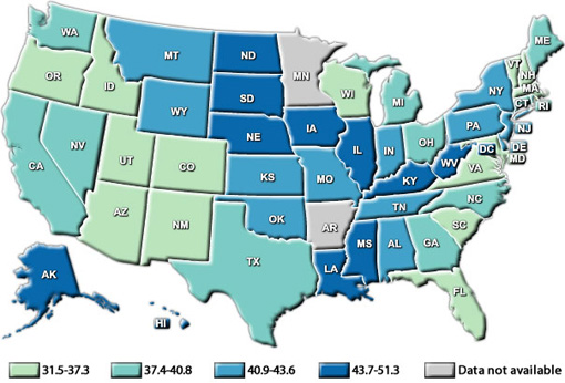 アメリカ　大腸ガン罹患率マップ　2010.jpg