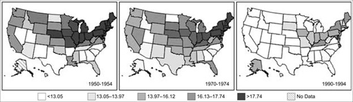 Age-Adjusted Colon Cancer Mortality Rates for White Females by US 1950.jpg